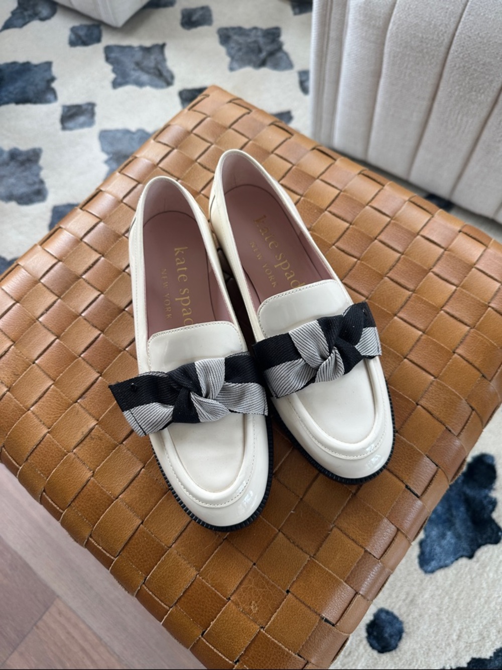 kate spade Cream Leather Loafers with Black & Gray Bow